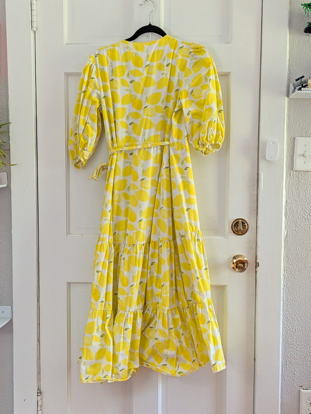 Anthropologie Hutch Tiered Wrap Midi Dress Lemon Print Puff Sleeve Dress - Picture 5 of 6